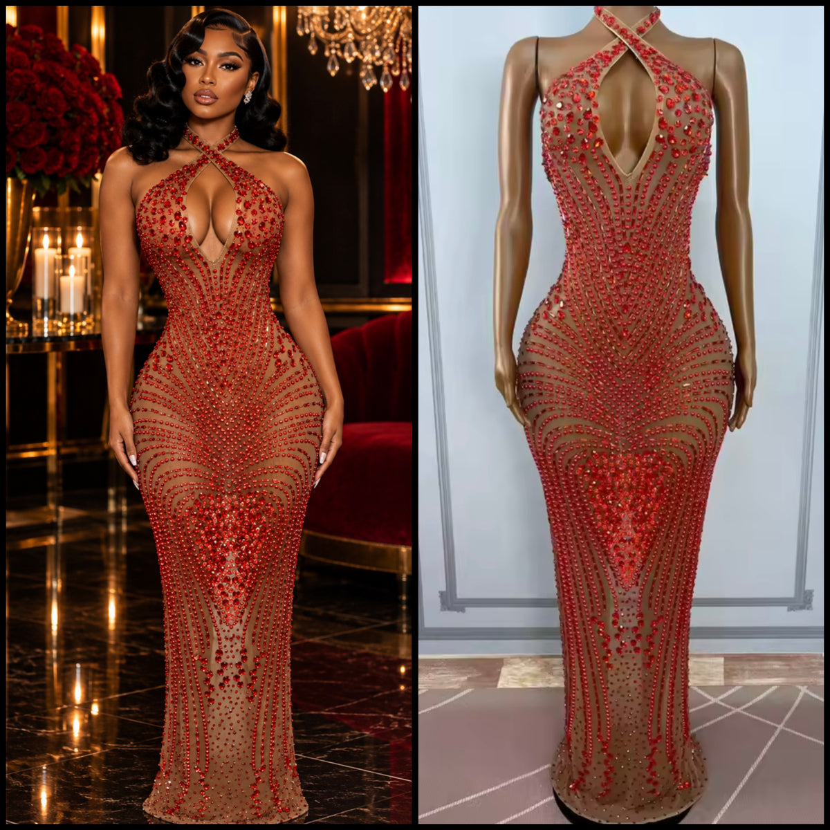 Sexy Halter Sleeveless Rhinestone Embellishment Maxi Dress