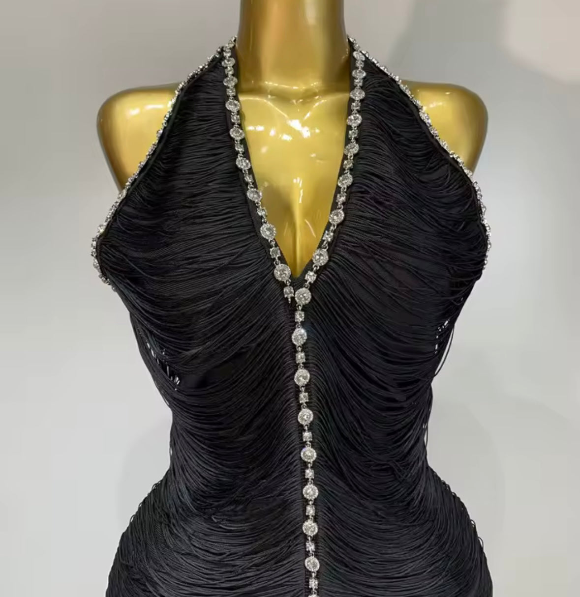 Black Rhinestone Fringe Open Back Sexy Dress