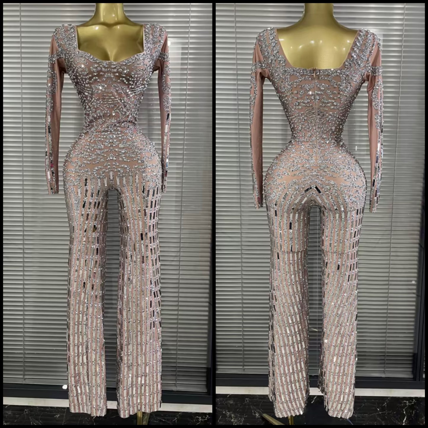 Elegant Rhinestone Mirror Full Sleeve Jumpsuit