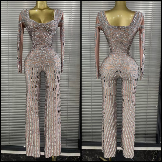 Elegant Rhinestone Mirror Full Sleeve Jumpsuit