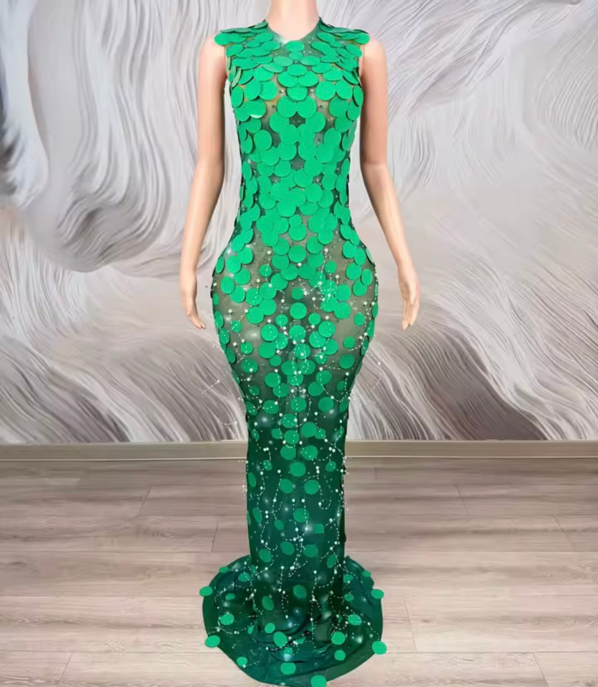 Green Sexy Sleeveless Round Sequins Mermaid Dress