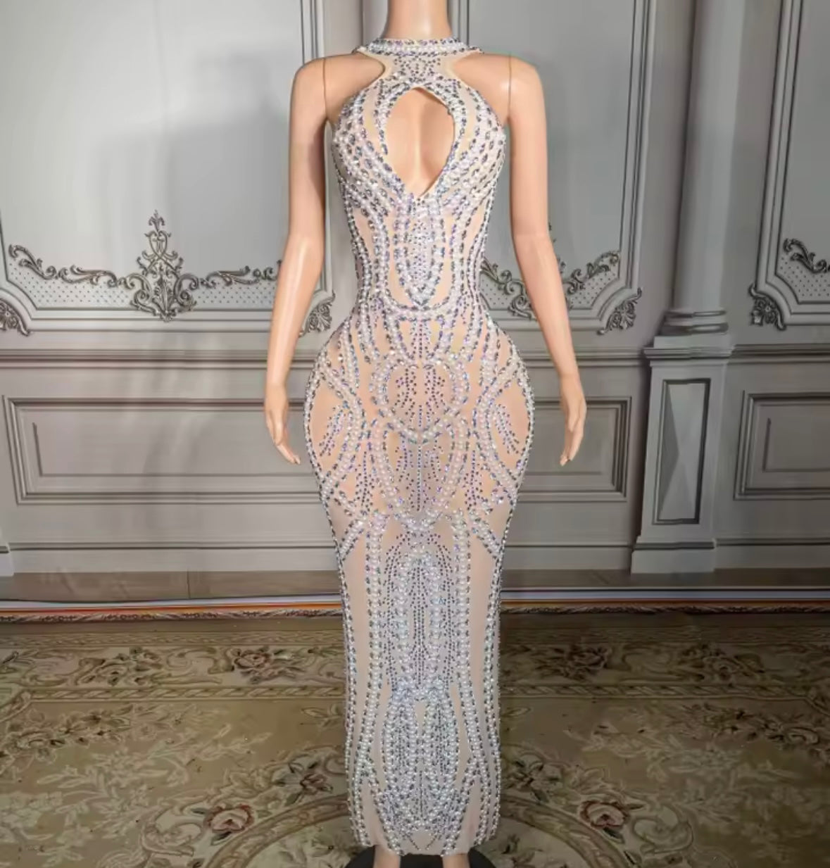 Sexy Sleeveless Pearl Rhinestone See Through Maxi Dress