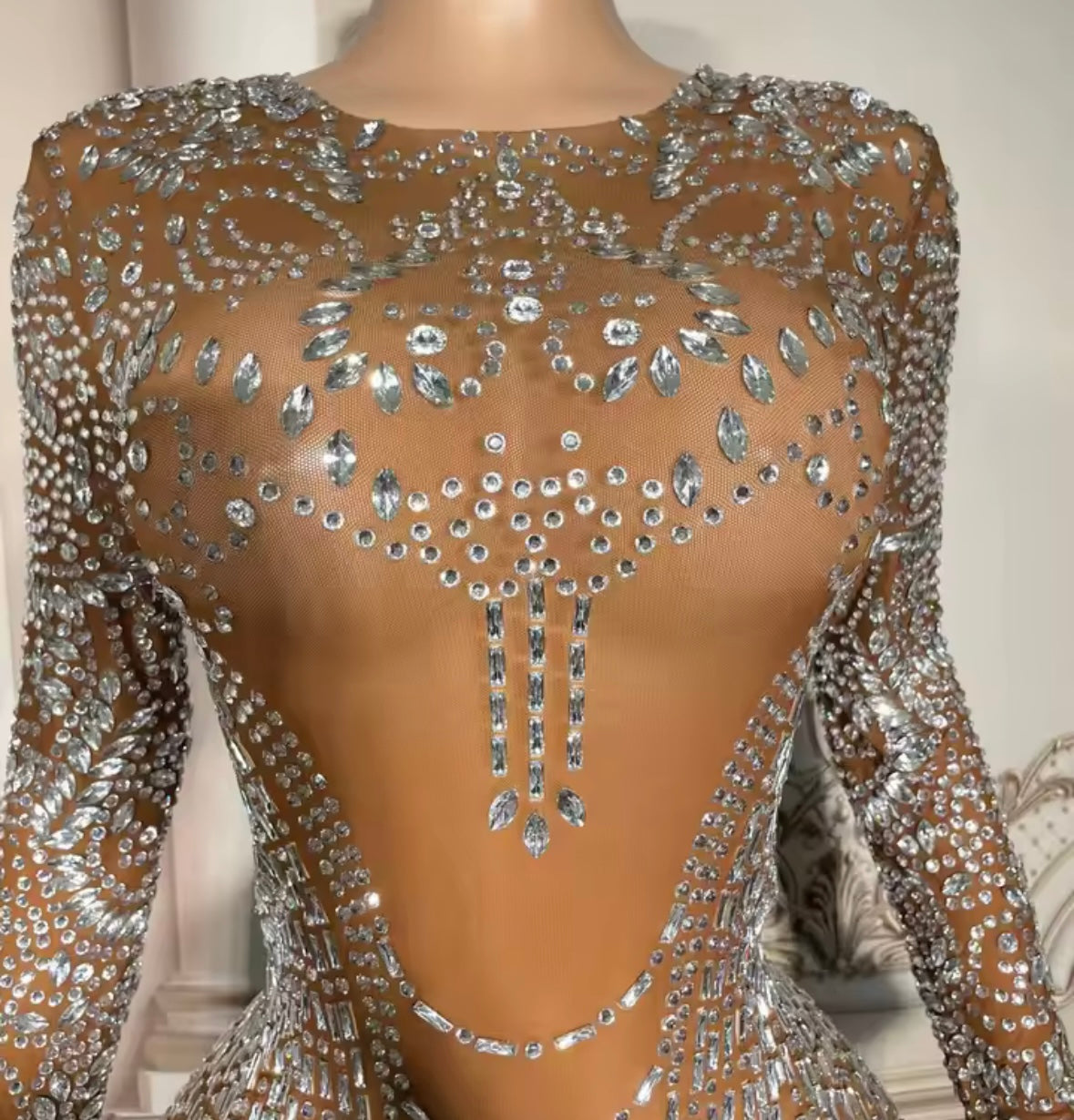 Sexy Rhinestone Embellishment Feather Full Sleeve Dress