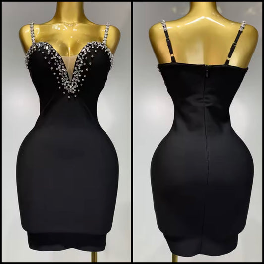 Black Rhinestone Embellishment Sexy Sleeveless Short Dress