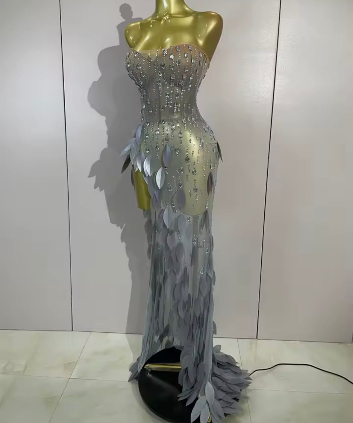 Silver Strapless Rhinestone Sequins Side Split Maxi Dress