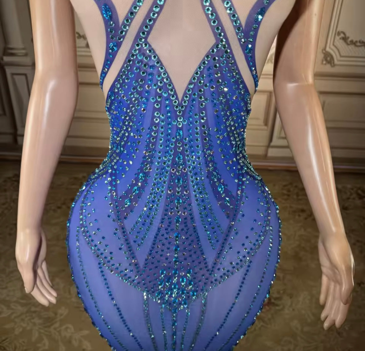 Blue Rhinestone Embellishment Sleeveless Floor-Length Dress