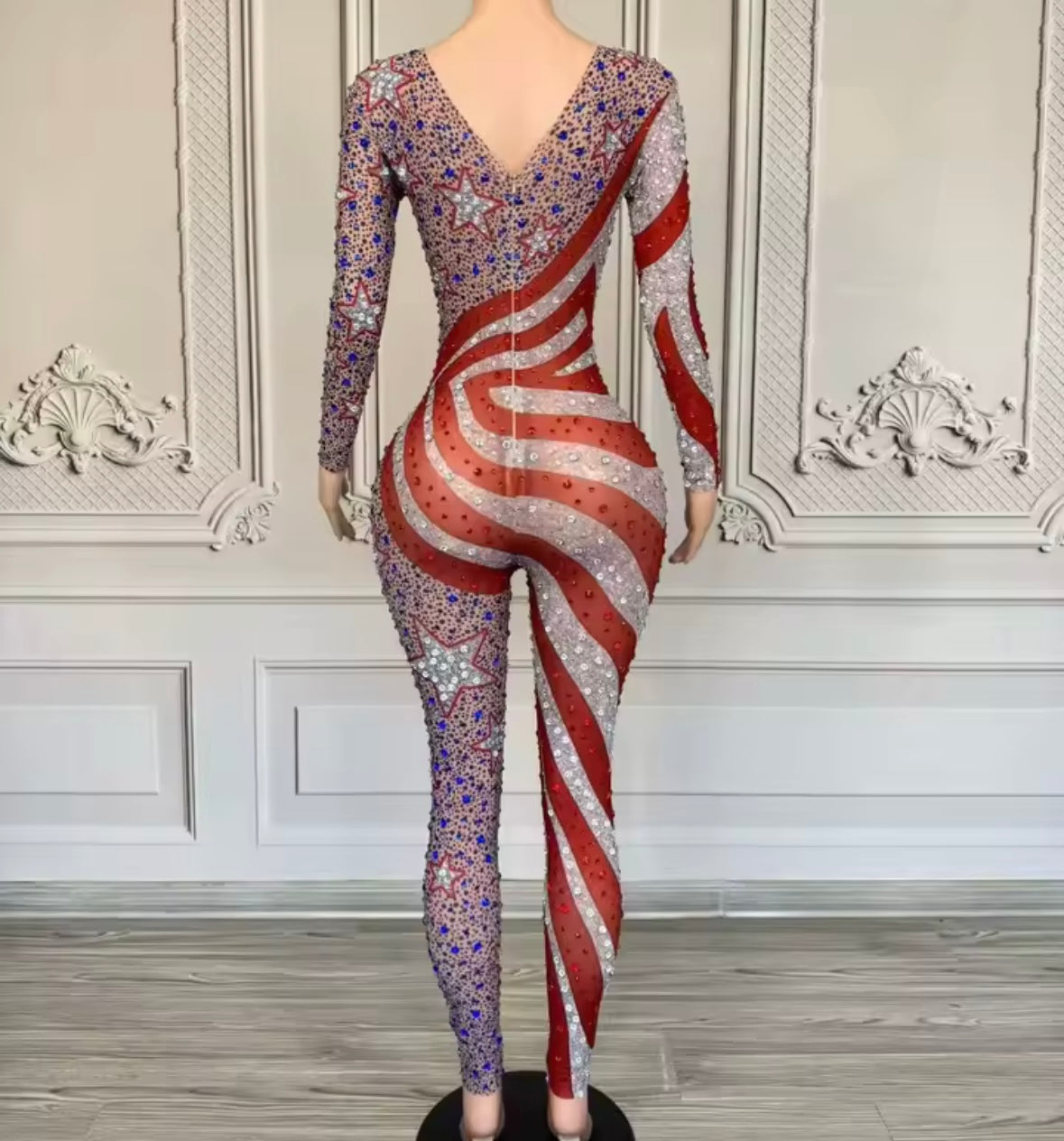 Sexy Striped Star Rhinestone See Through Full Sleeve Jumpsuit