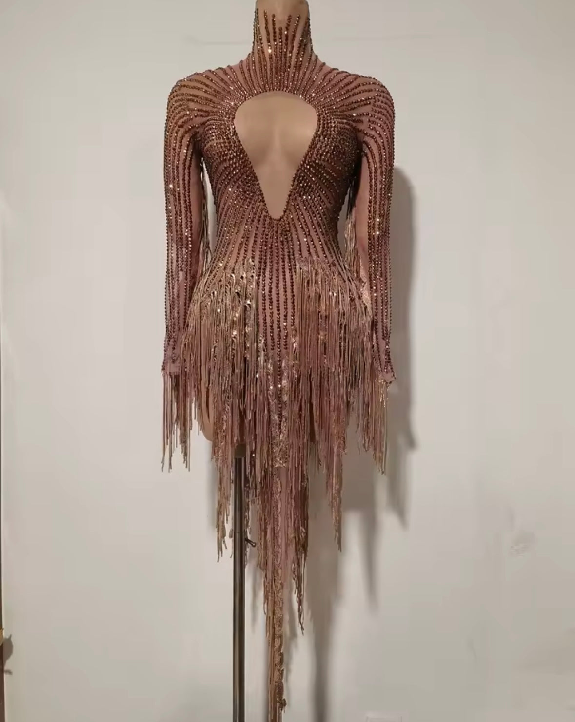 Sexy Gold Rhinestone Fringe Tassel Asymmetrical Dress