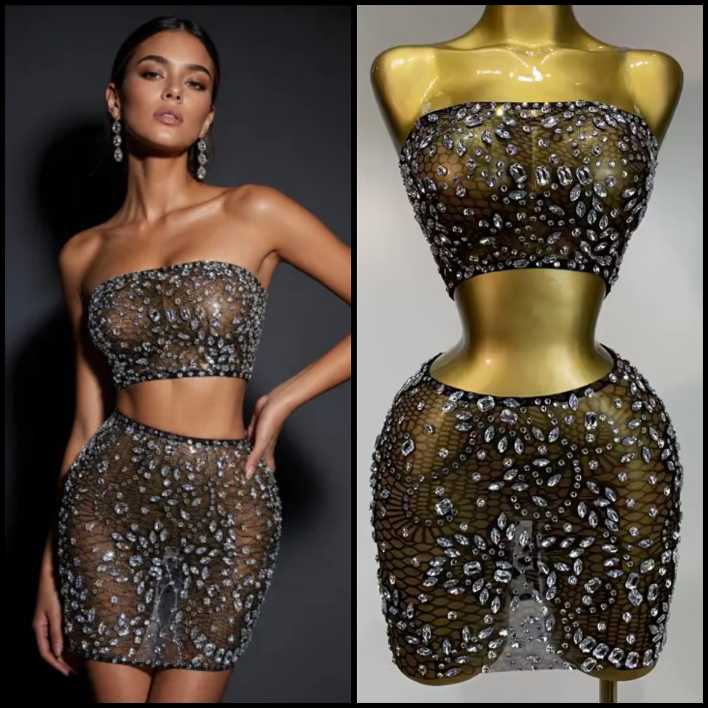 Sexy Strapless Rhinestone Crop See Through Skirt Set