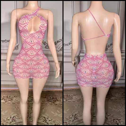 Pink Halter Sleeveless Open Back Sexy Rhinestone Dress