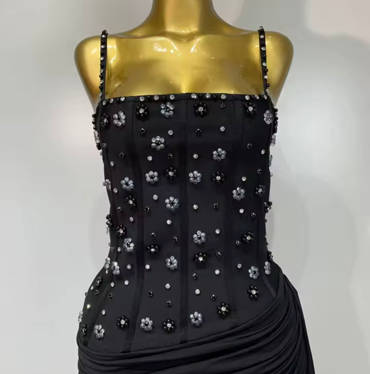 Black Sleeveless Floral Beaded Ruche Tassel Maxi Dress