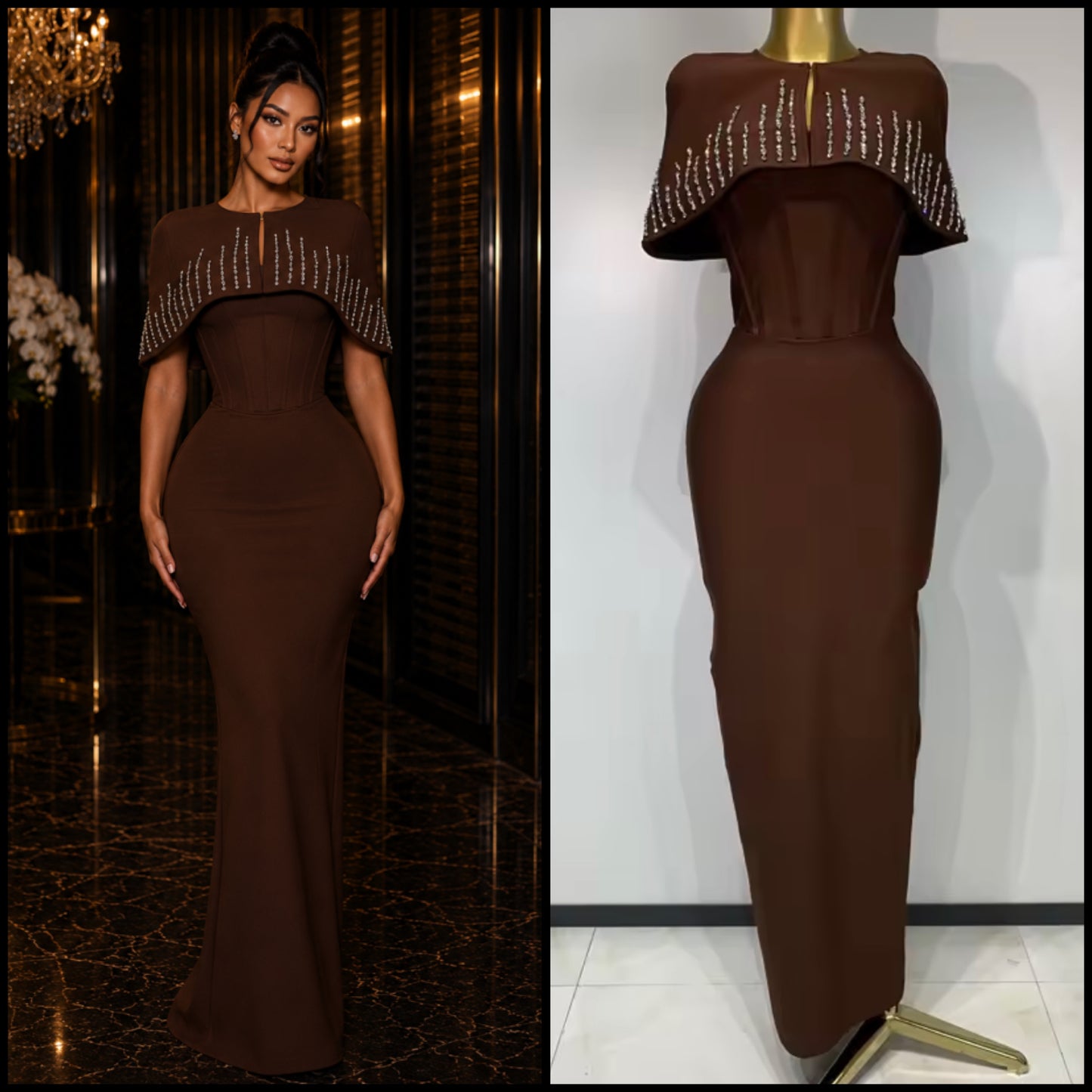 Elegant Strapless Rhinestone Shawl Two Piece Maxi Dress