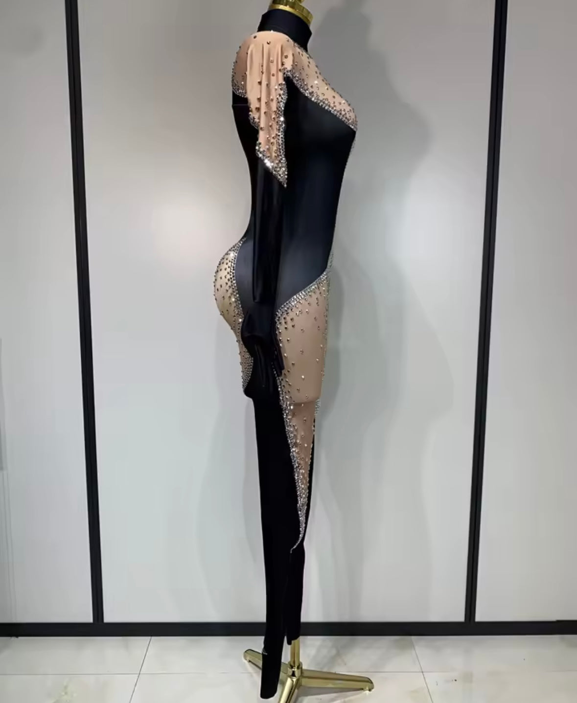Sexy Black Rhinestone Mesh Full Sleeve Jumpsuit
