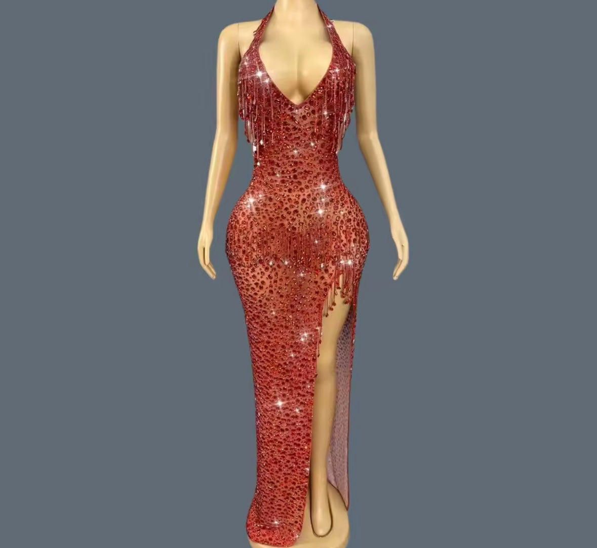 Sexy Sleeveless Rhinestone Tassel Side Split Maxi Dress