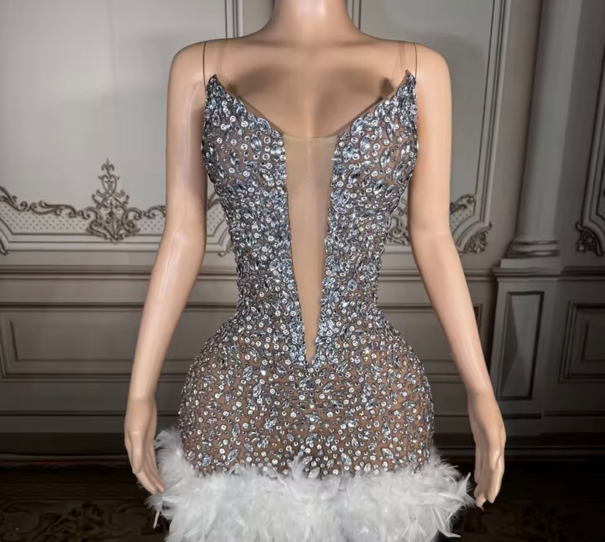 Sexy Sleeveless Rhinestone Feather Dress