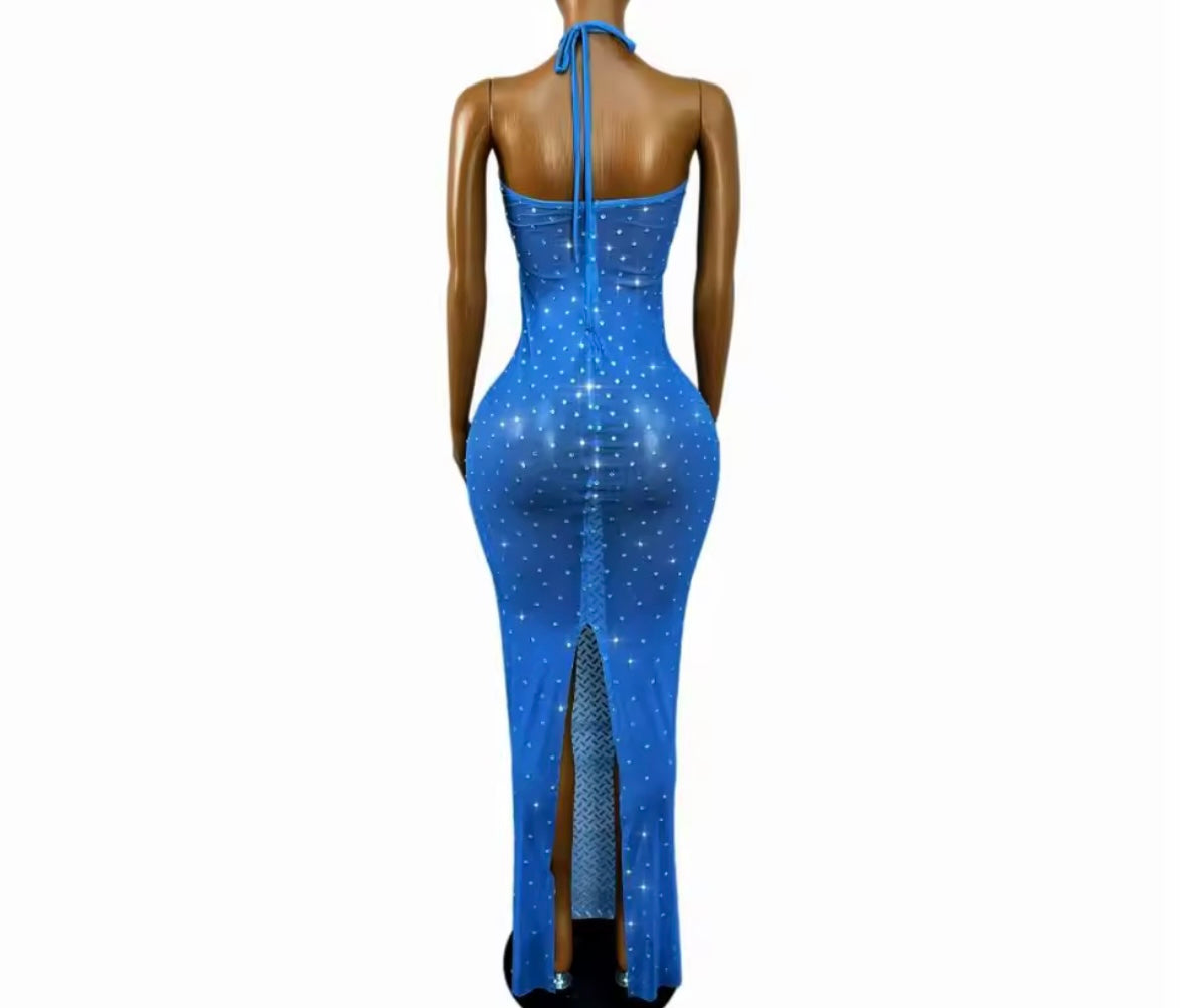 Sexy Blue Halter Sleeveless Rhinestone Maxi Dress