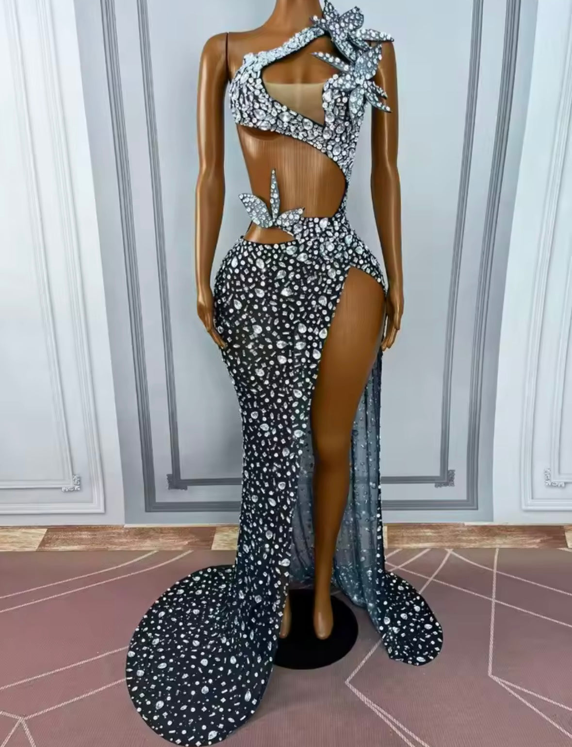 Sexy One Shoulder Sleeveless Floral Rhinestone Side Split Maxi Dress