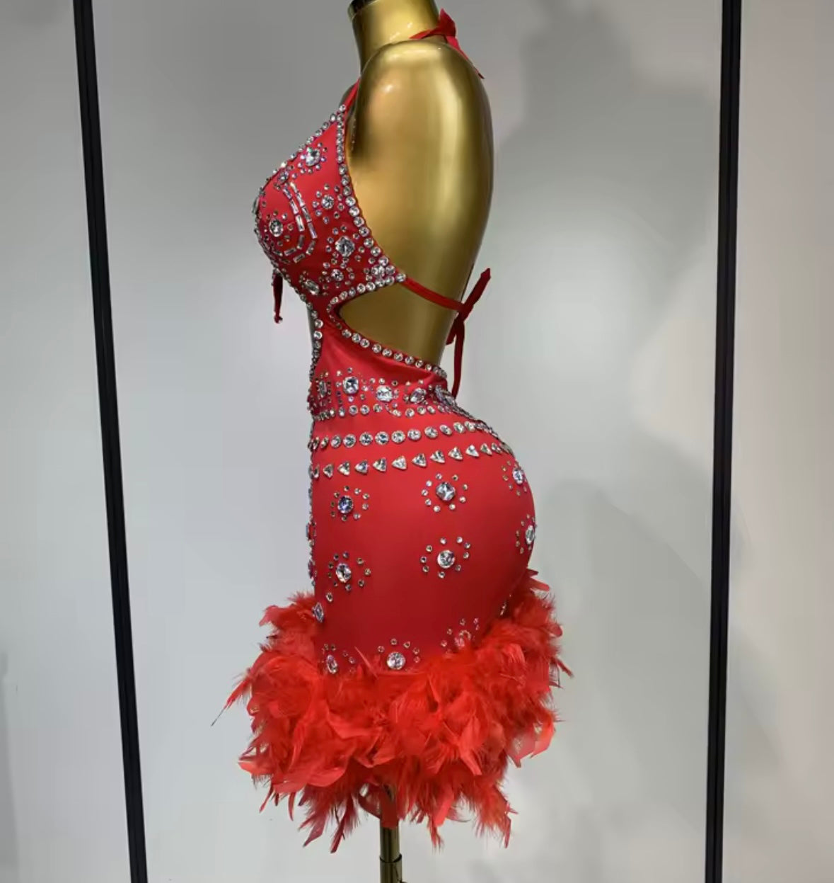 Sexy Sleeveless Rhinestone Cut Out Feather Dress