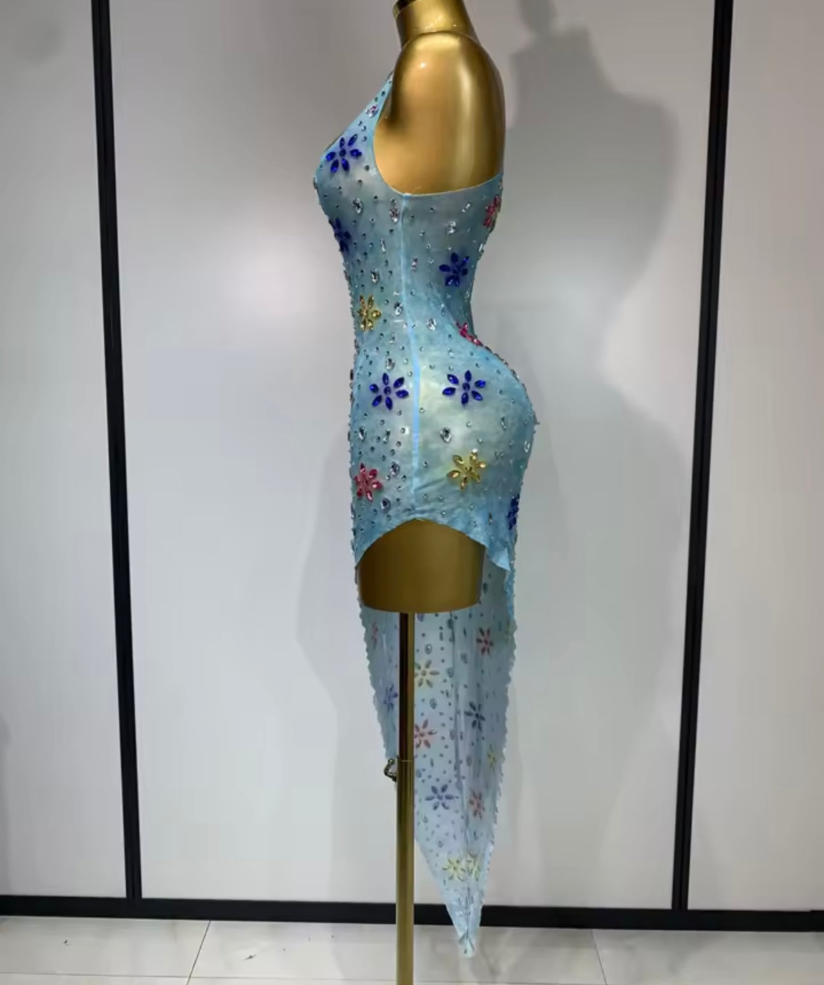 Blue Sexy Sleeveless Crystal Rhinestone Asymmetrical Dress