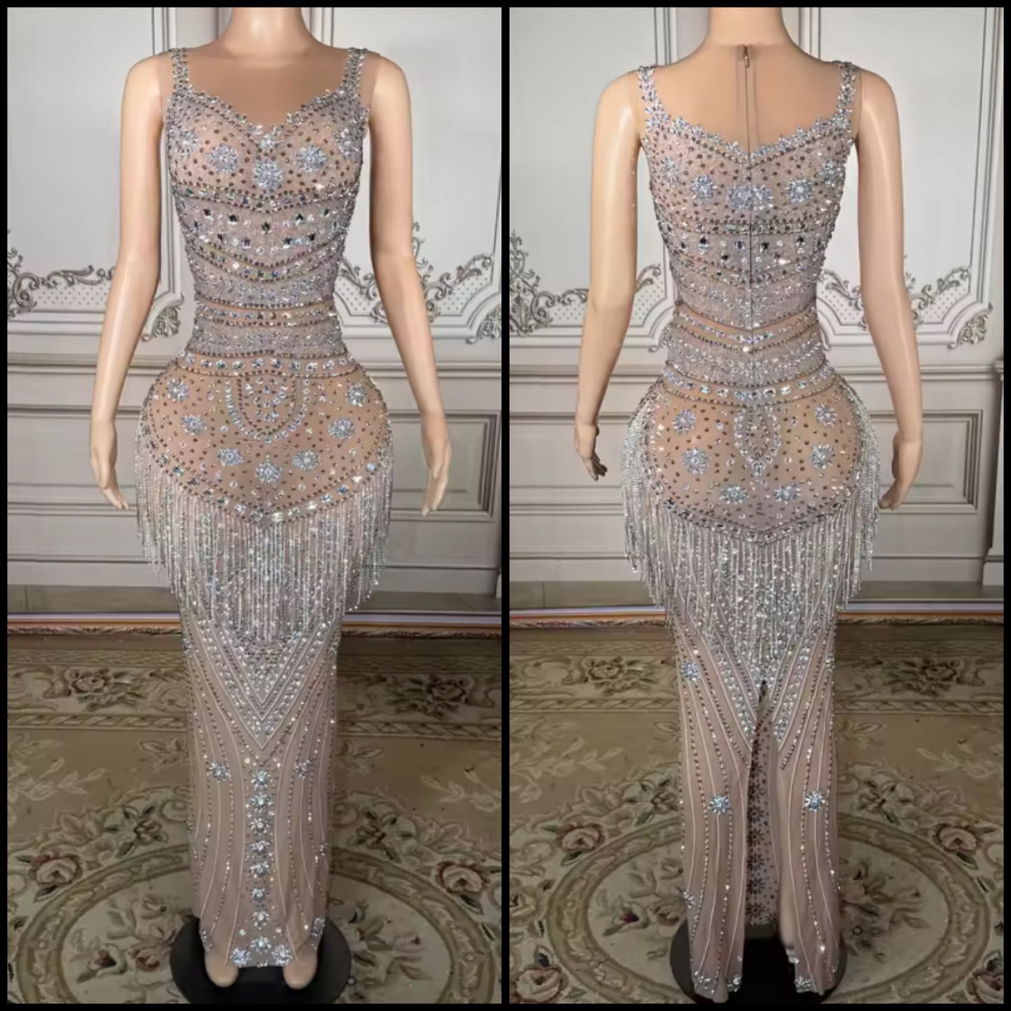 Sexy Sleeveless Rhinestone Tassel Floor-Length Dress