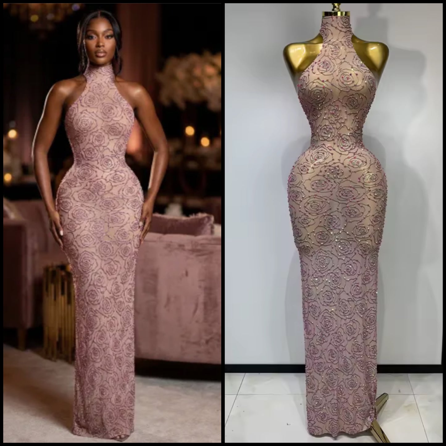 Sexy Printed Beaded Sleeveless See Through Floor-Length Dress