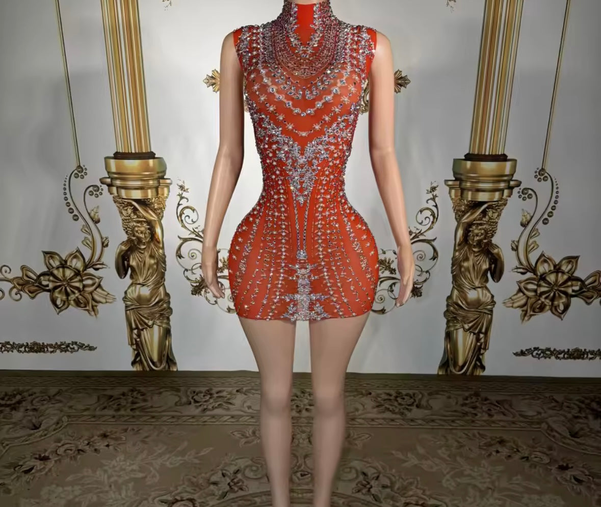 Red Sexy Sleeveless Rhinestone Embellishment Dress