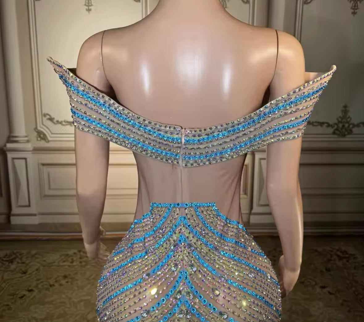 Elegant Multicolored Rhinestone Off The Shoulder Maxi Dress
