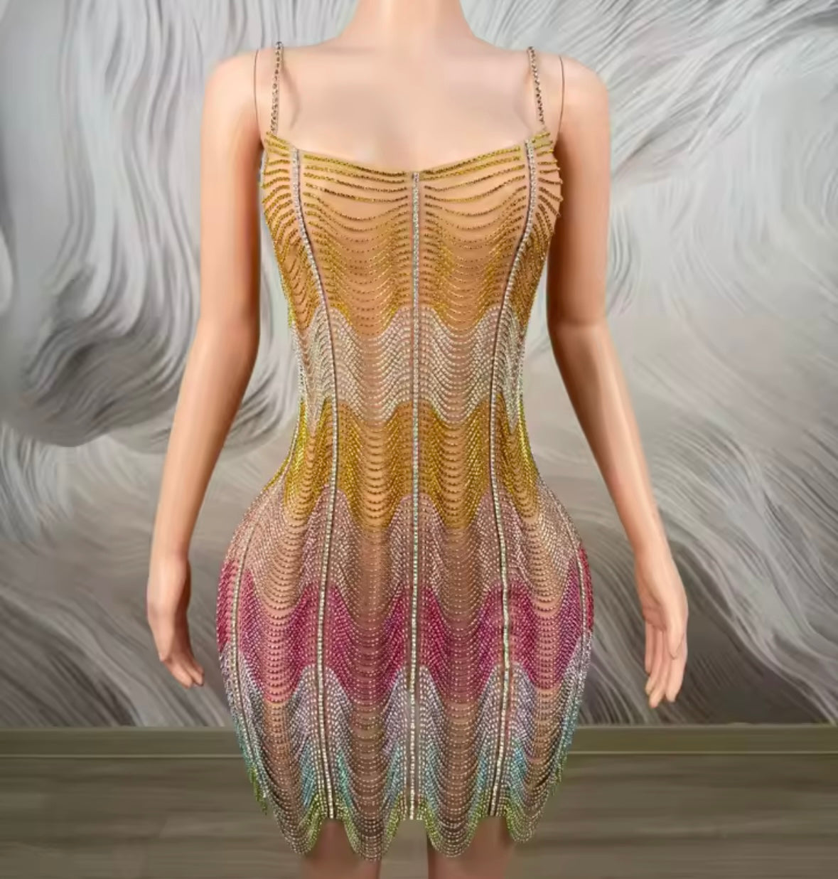 Sexy Sleeveless Multicolored Rhinestone Chain Dress