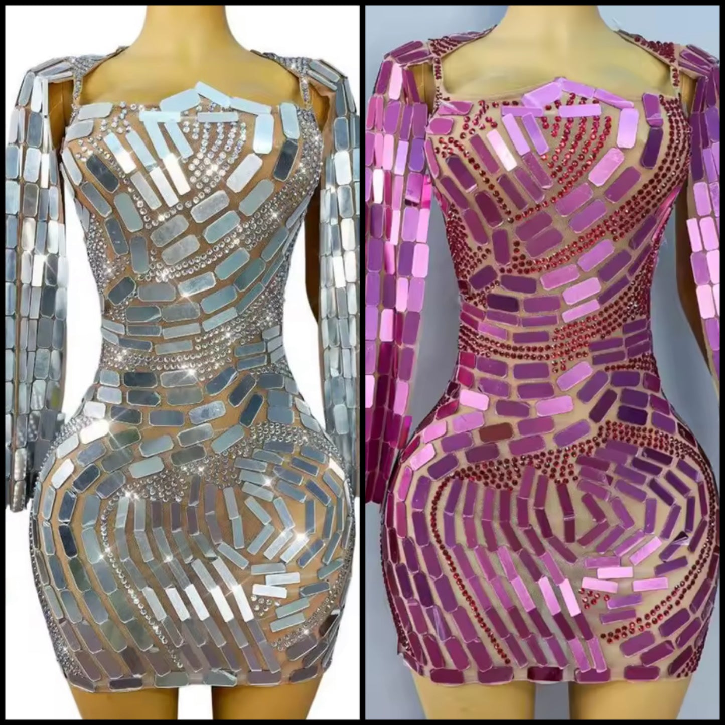 Sexy Mirror Rhinestone Full Sleeve Short Dress