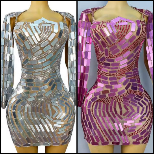 Sexy Mirror Rhinestone Full Sleeve Short Dress