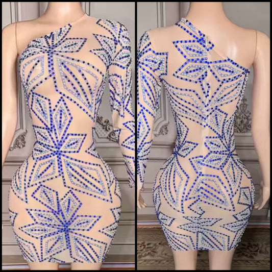 Sexy One Shoulder Full Sleeve Blue Rhinestone Pearl Dress