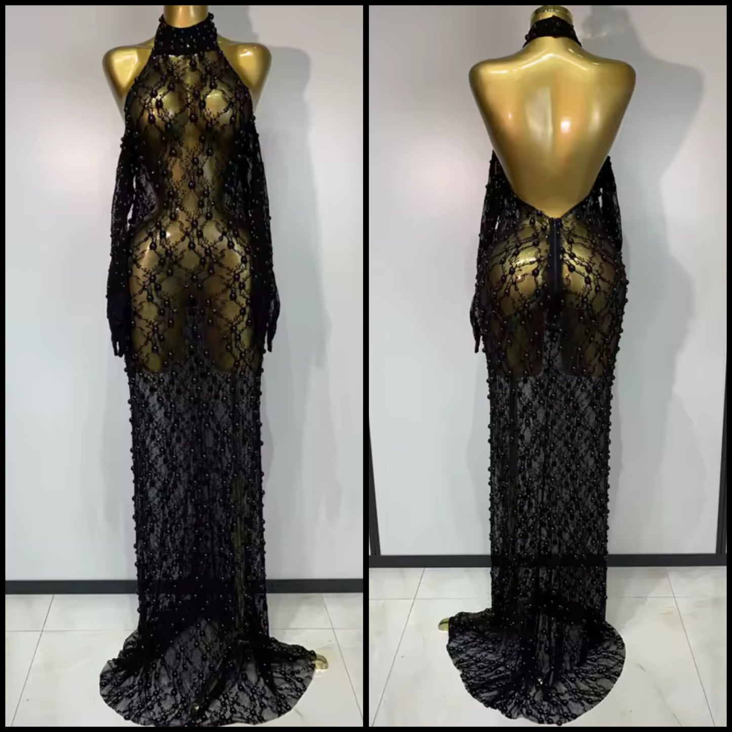 Sexy Black Halter Sleeveless See Through Beaded Maxi Dress
