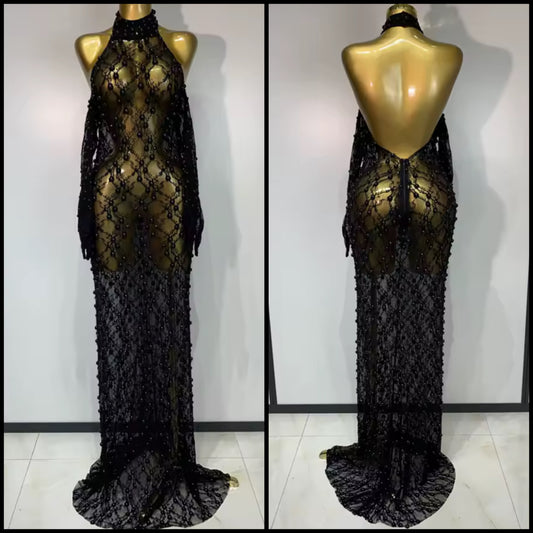 Sexy Black Halter Sleeveless See Through Beaded Maxi Dress