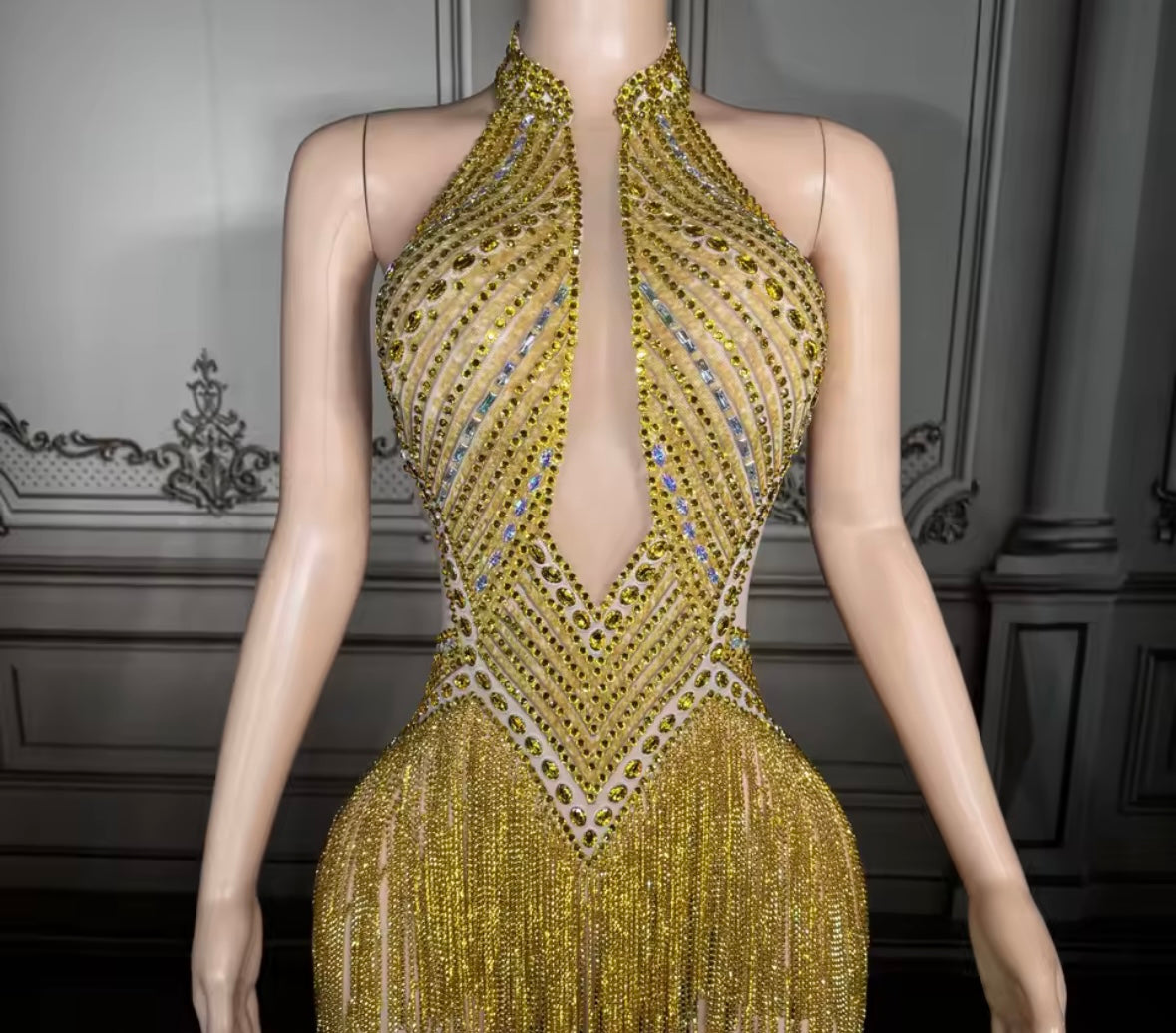 Gold Sexy Halter Sleeveless Rhinestone Fringe Tassel Maxi Dress