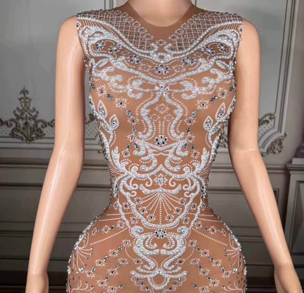 Sexy Sleeveless Rhinestone Printed See Through Dress