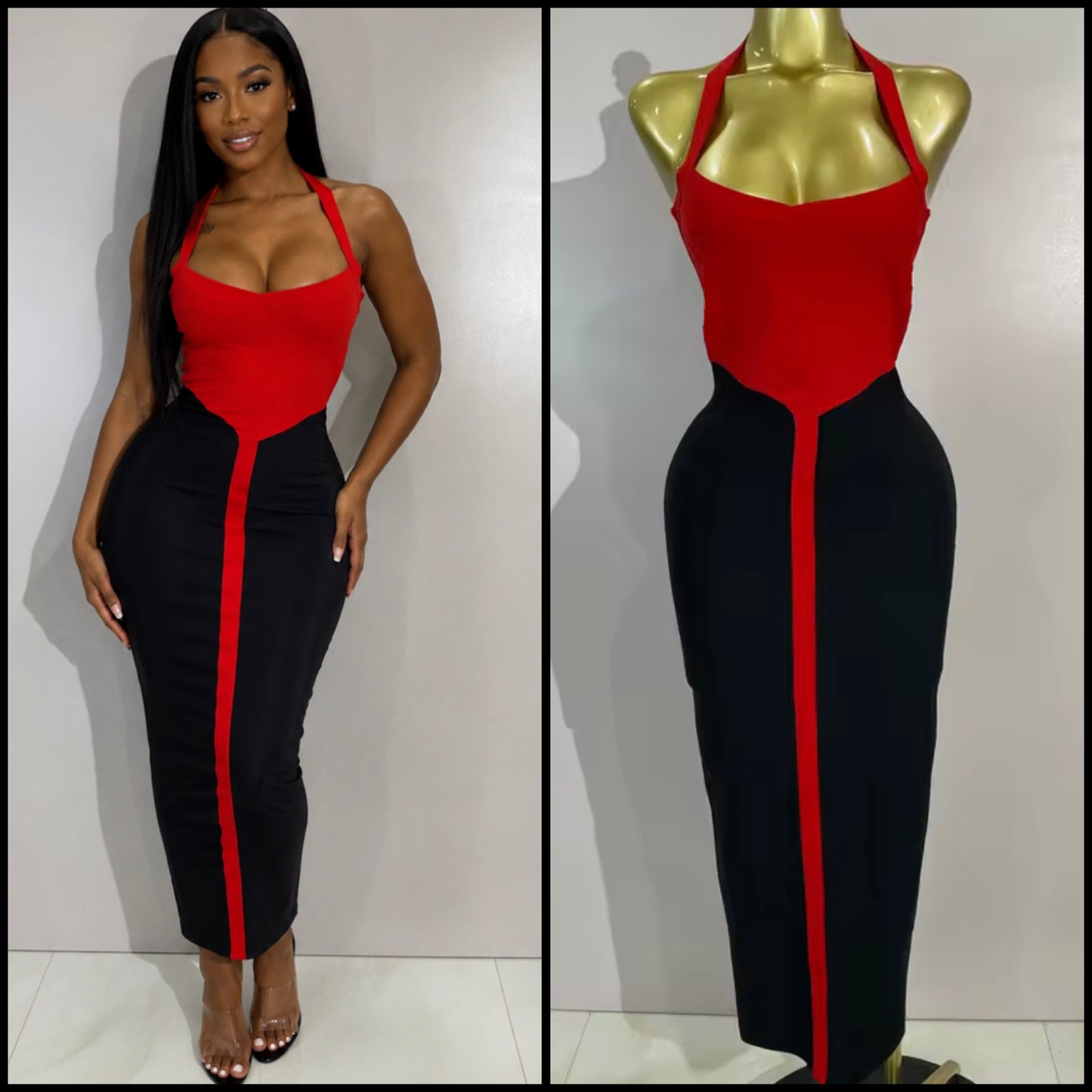 Sexy Color Patchwork Halter Sleeveless Bandage Maxi Dress