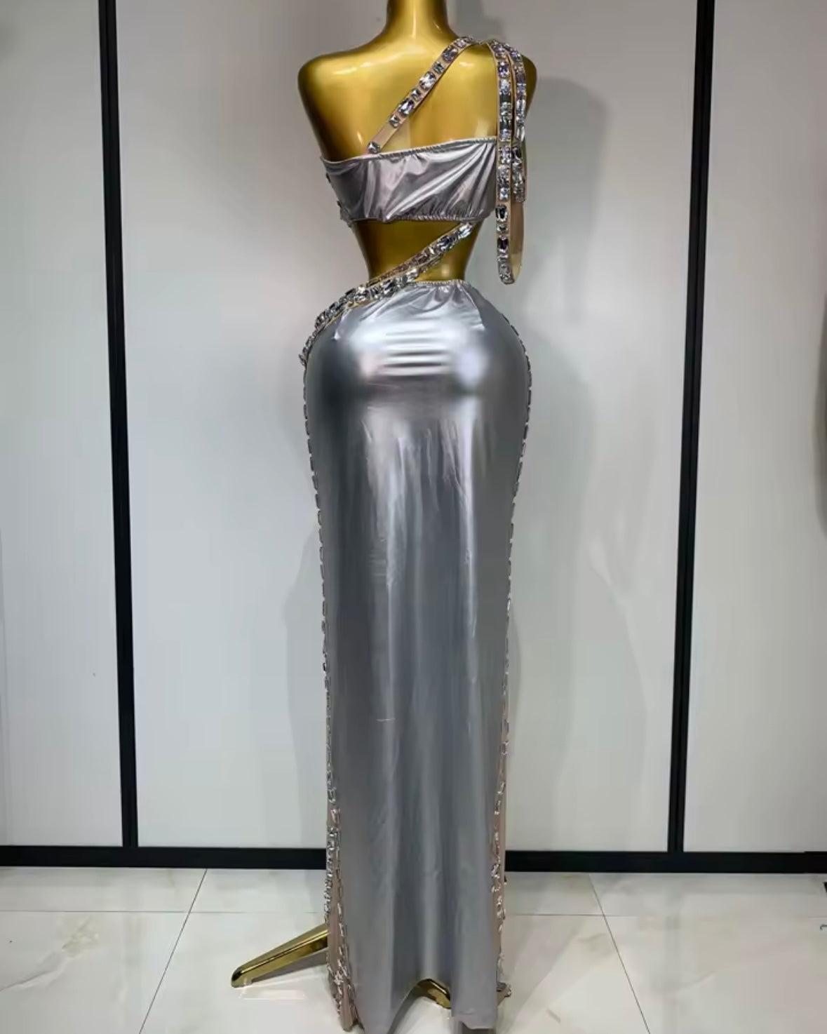 Sexy One Shoulder Sleeveless Crystal Two Piece Maxi Skirt Set