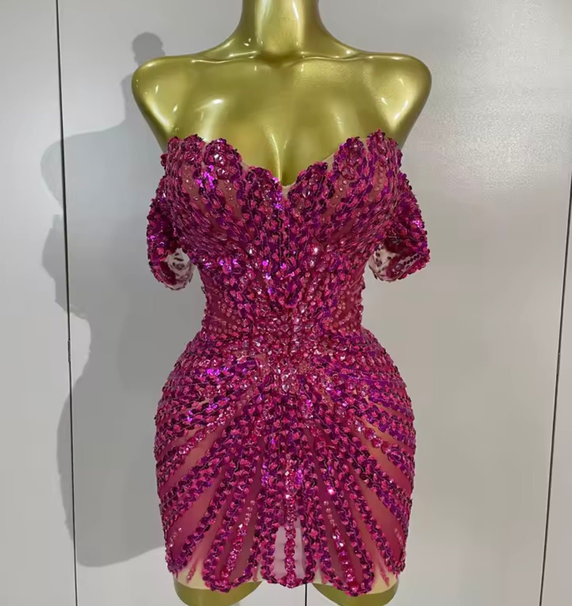 Sexy Pink Off The Shoulder Sequins Rhinestone Dress