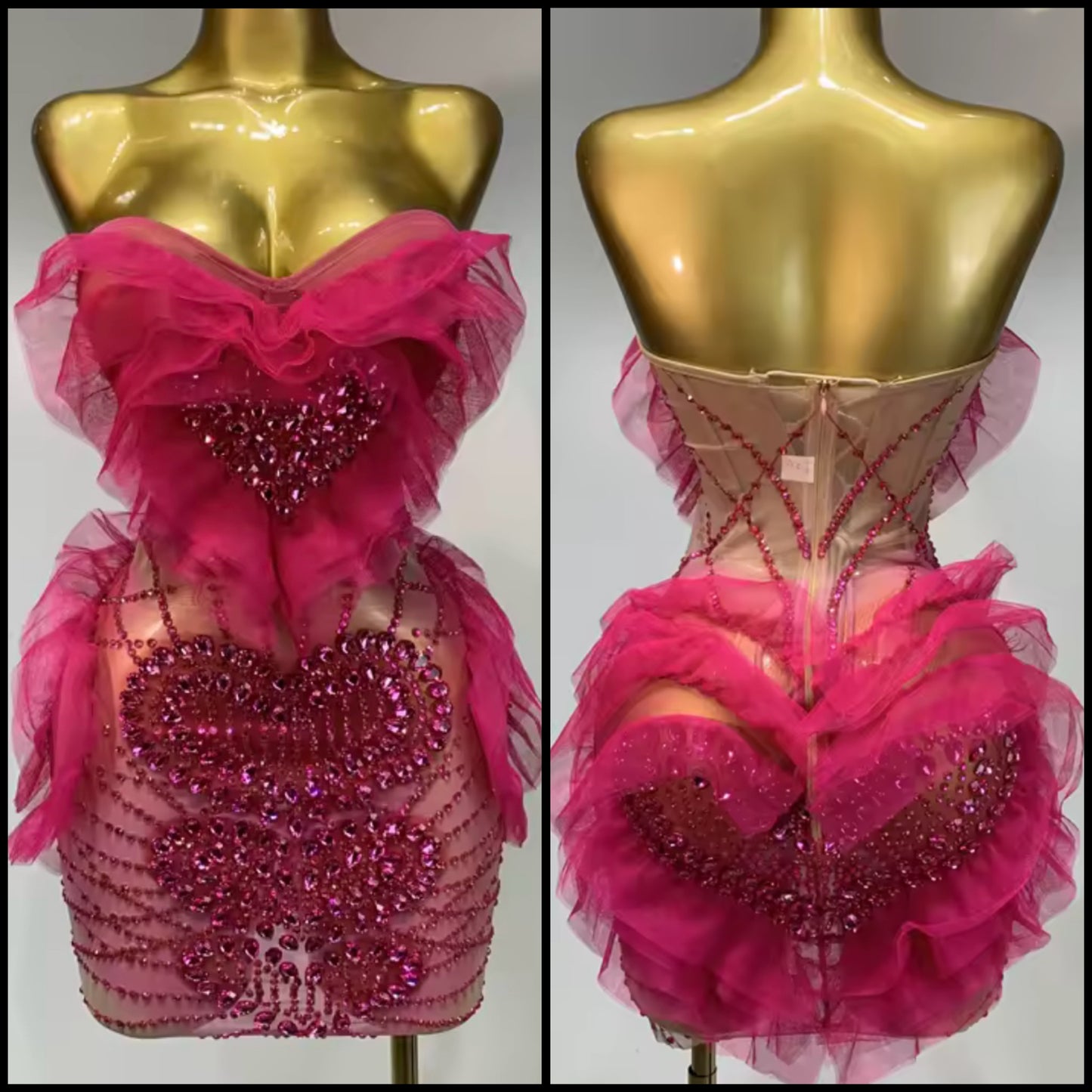 Sexy Pink Strapless Rhinestone Ruffle Short Dress
