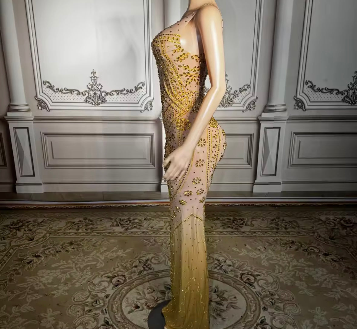 Gold Rhinestone Embellishment See Through Sleeveless Maxi Dress