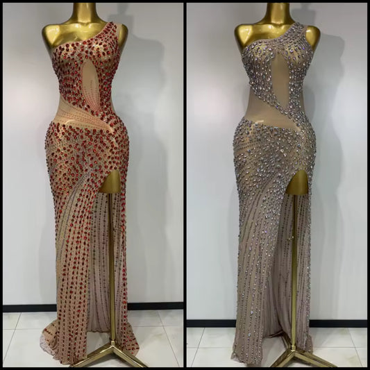 Elegant One Shoulder Rhinestone Embellishment Floor-Length Dress