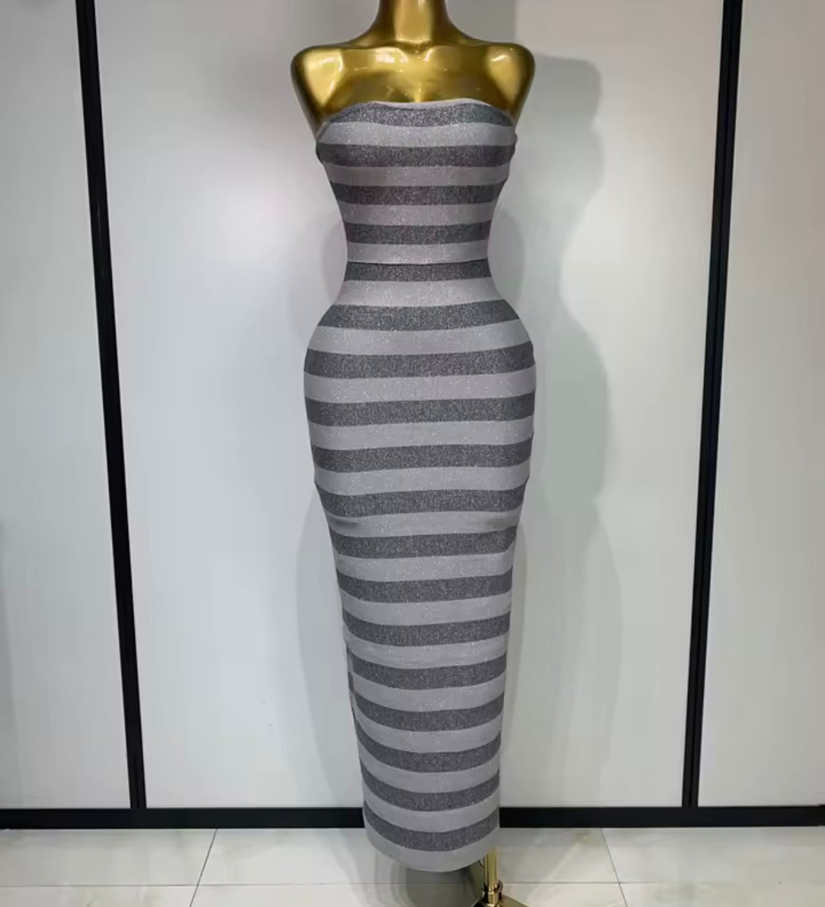 Gray Sexy Strapless Striped Bandage Floor-Length Dress