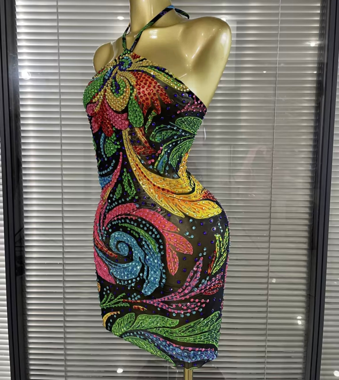 Sexy Halter Sleeveless Colorful Rhinestone Dress