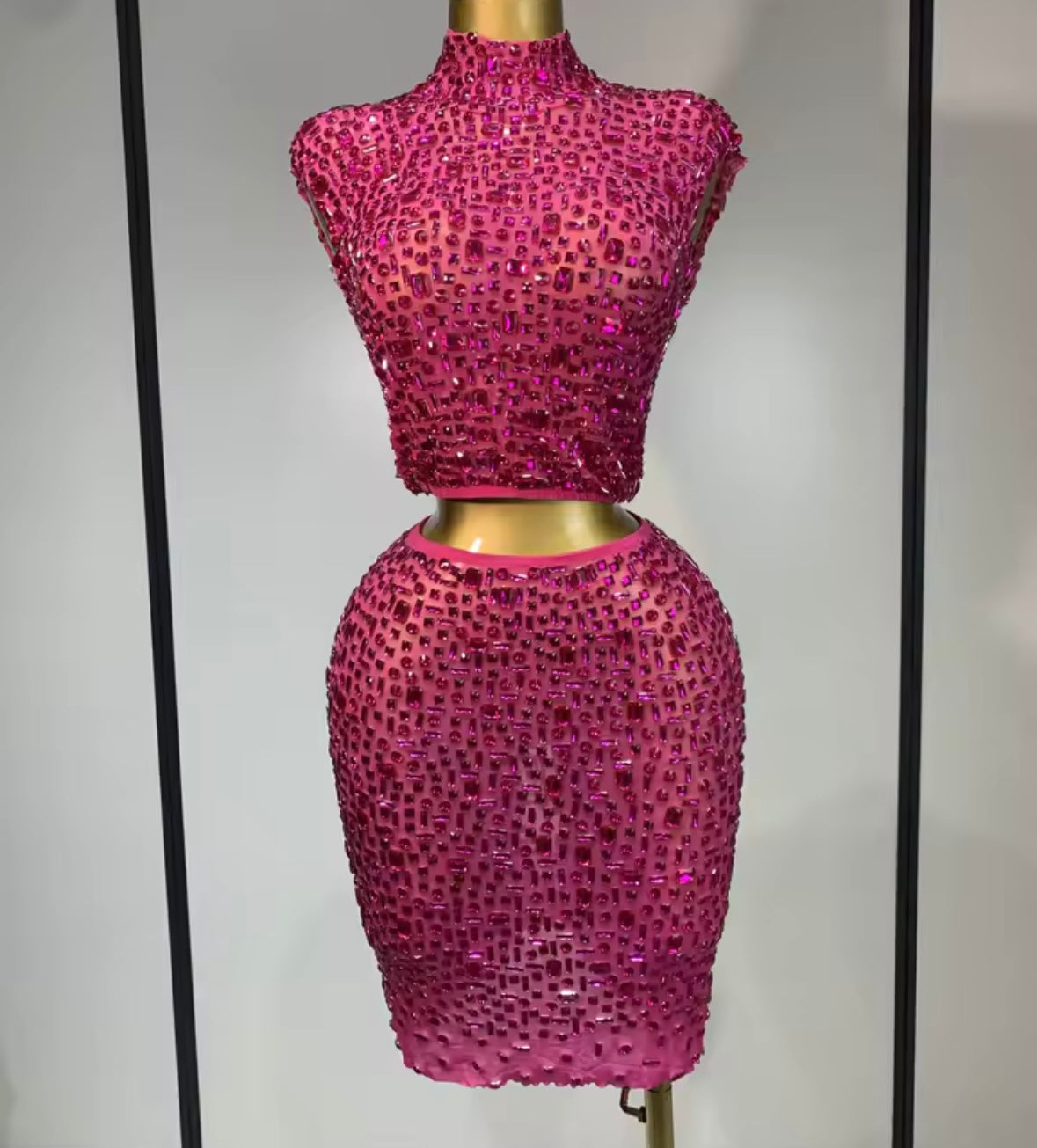 Sexy Sleeveless Crystal Crop Skirt Set