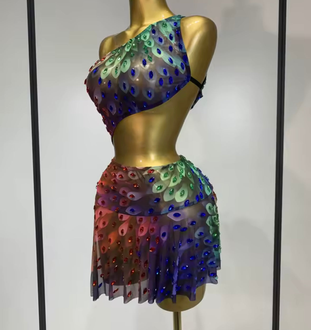 Sexy One Shoulder Sleeveless Colorful Crystal See Through Dress