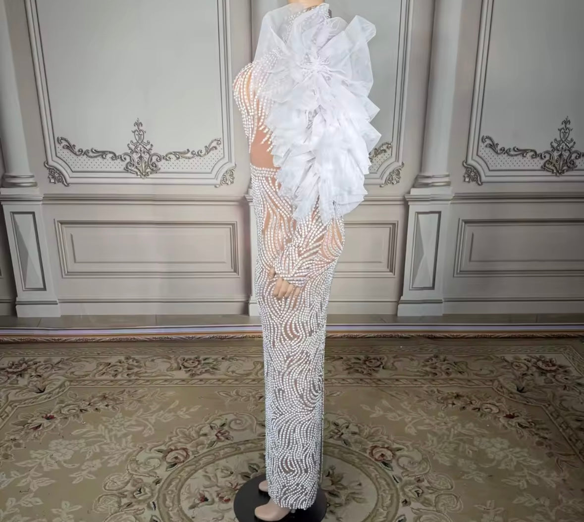 Sexy Beaded Ruffle Fur Sleeve See Through Maxi Dress