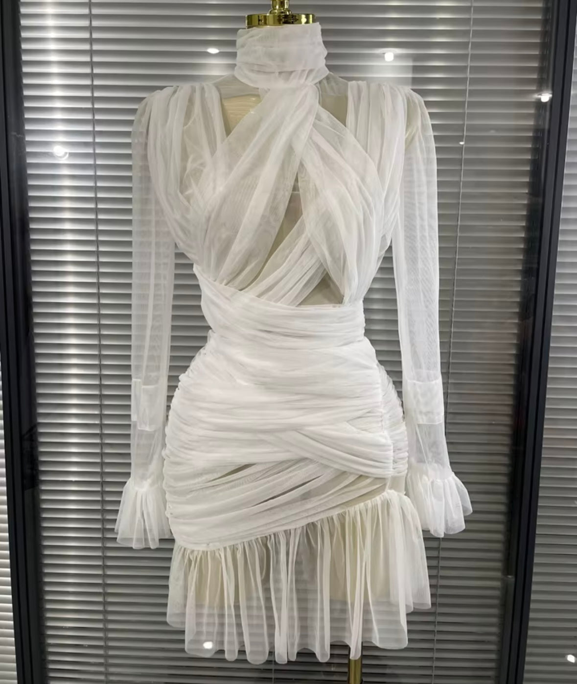 White Sexy See Through Ruched Ruffle Full Sleeve Dress