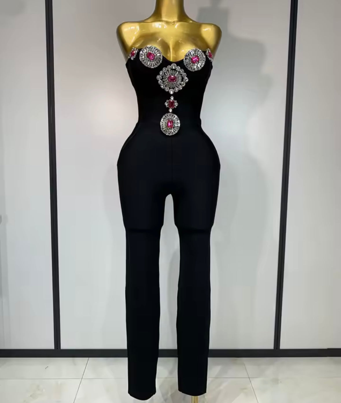 Black Strapless Crystal Rhinestone Sexy Jumpsuit
