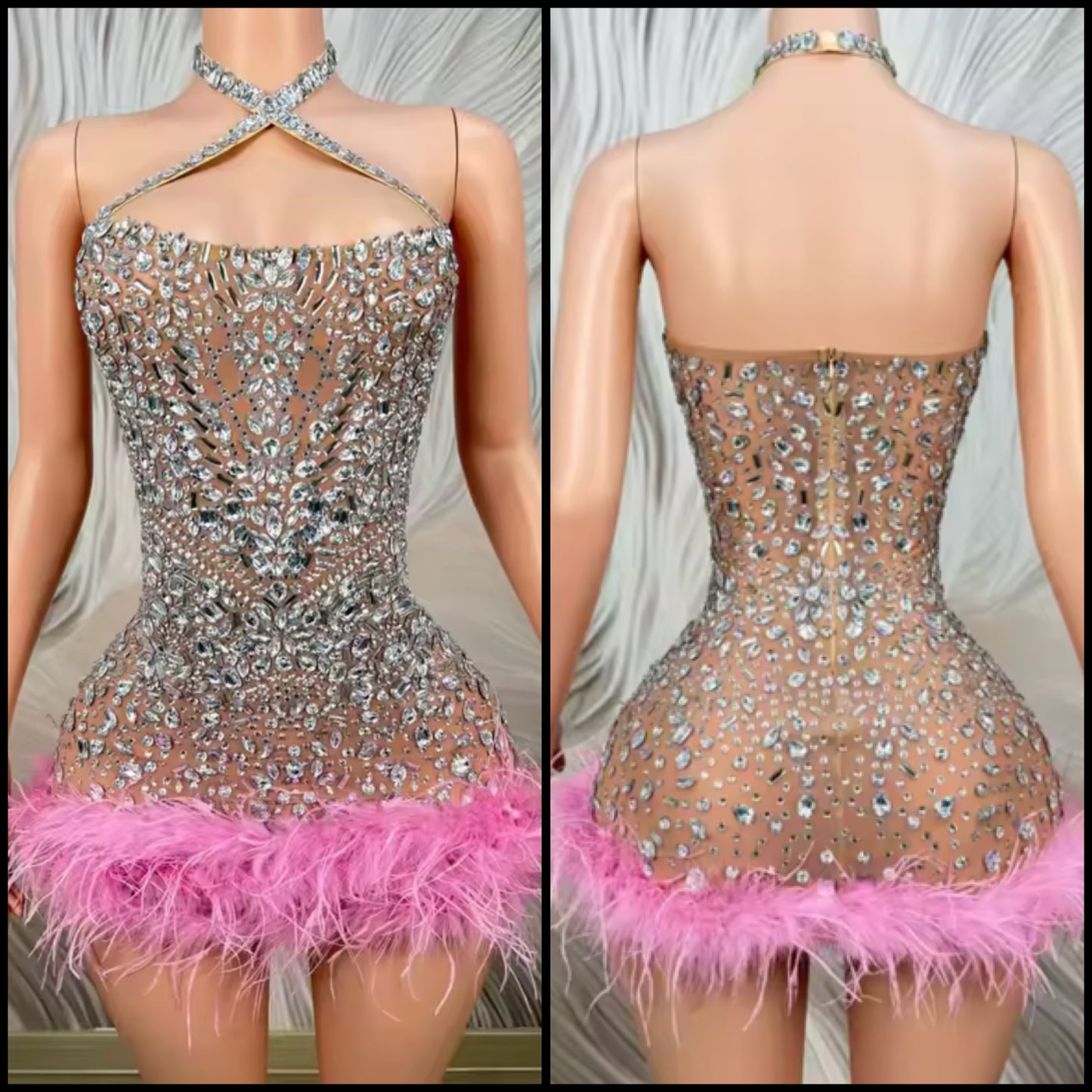 Sexy Halter Sleeveless Feather Rhinestone Dress