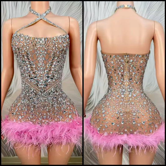 Sexy Halter Sleeveless Feather Rhinestone Dress